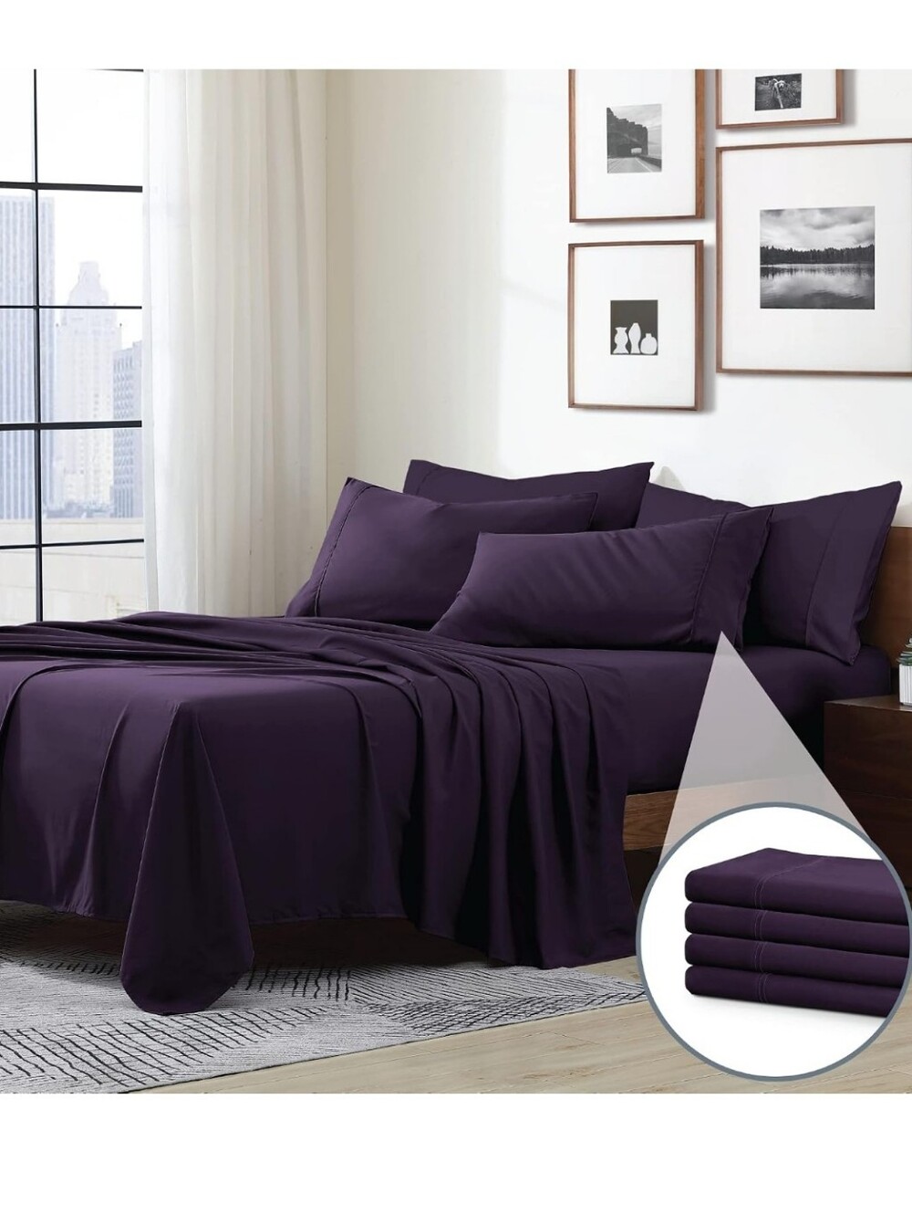 EaseHome Purple Full Size Sheets Set Deep Pocket to 18 inch Mattress 4 Piece